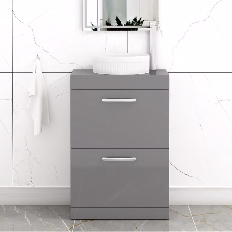 Royal Bathrooms Turin 600mm Floor Standing 2 Drawer Vanity Unit in Indigo Grey Gloss with Round Countertop Basin