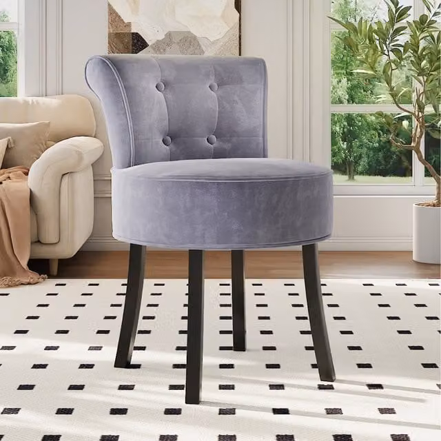 Komore Grey Velvet Upholstered Dressing Stool with Wood Frame