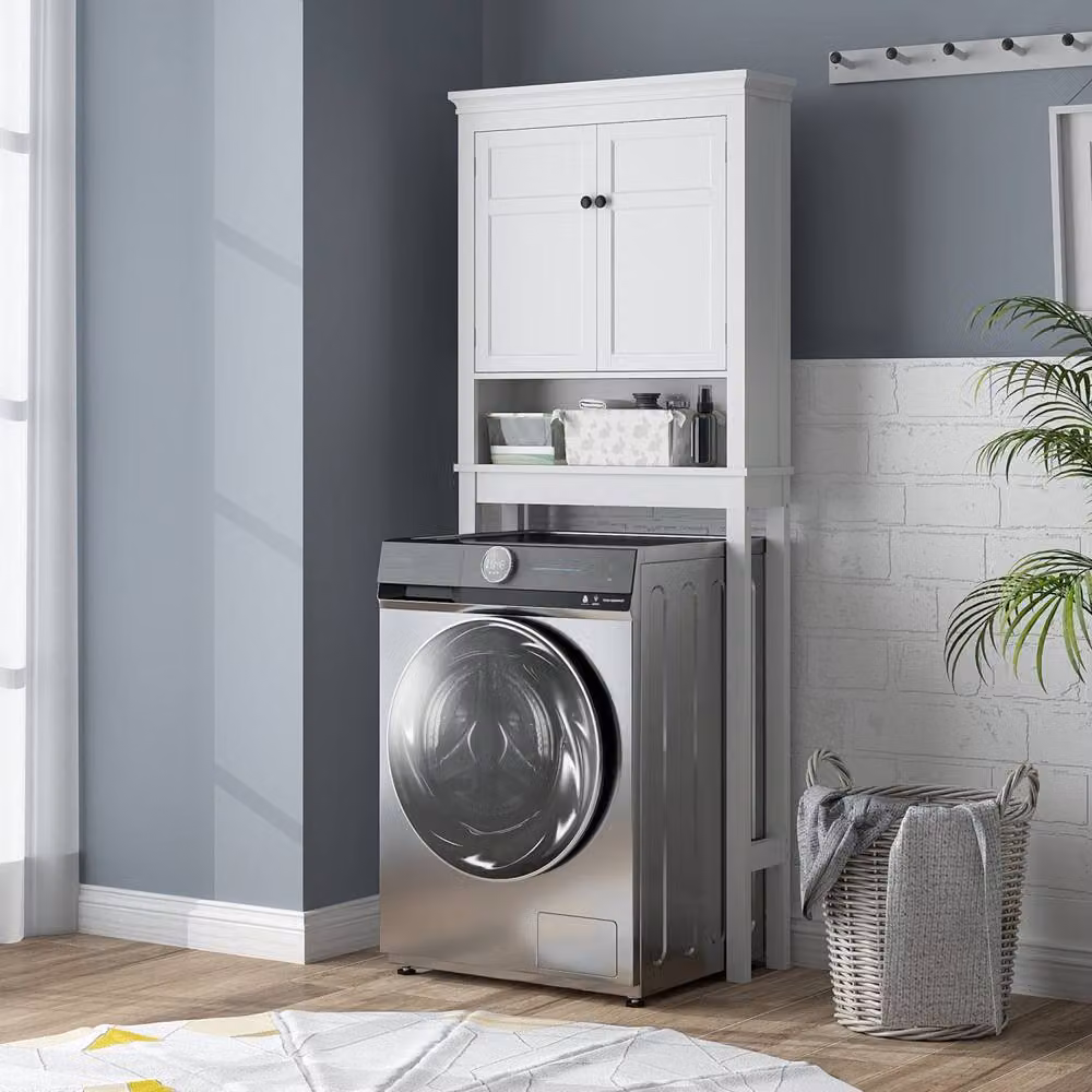Wyld Haus Nivele White Over Toilet and Appliance Storage Cabinet with Hinged Doors and Internal Shelves H 175 x W 70 x D 20 cm – 4