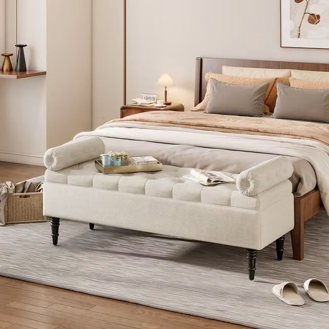 Livingandhome Upholstered Storage Bench Seat with Armrests in Beige Fabric