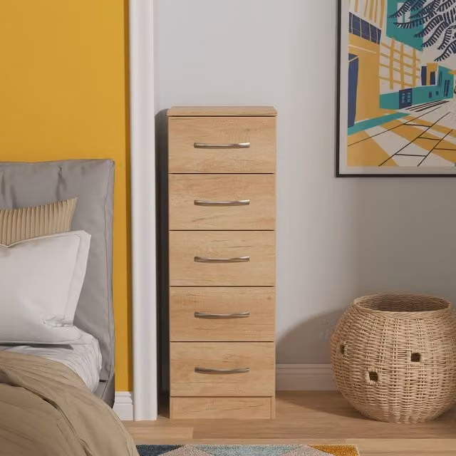 2 U Hampshire 5 Drawer Tall Bedside Chest in Light Brown – 1