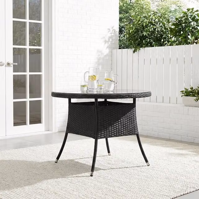 Breeins Round Rattan Garden Table with Tempered Glass Top and Parasol Hole in Black