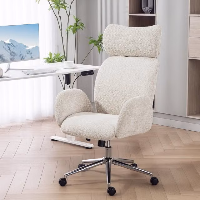 HOMCOM Modern Bouclé Swivel Task Chair with Adjustable Headrest and Armrests in Grey and White