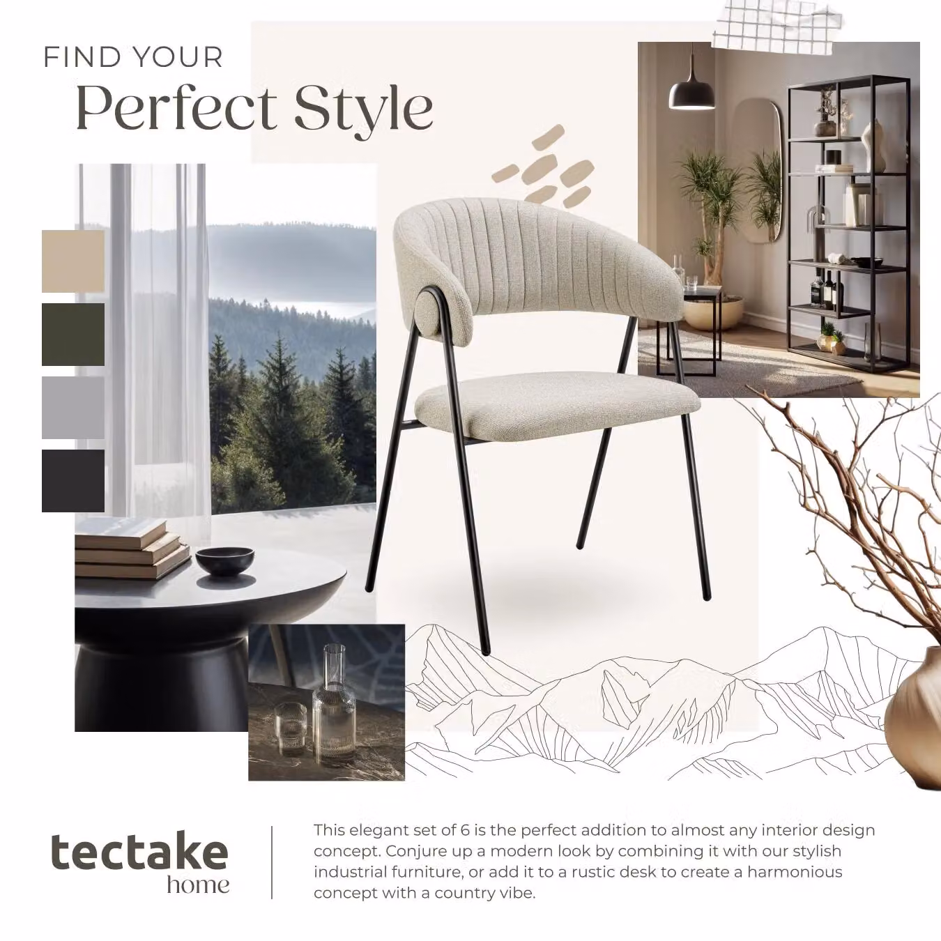 tectake Bedano Set of 6 Modern Dining Chairs in Beige with Armrests – 4