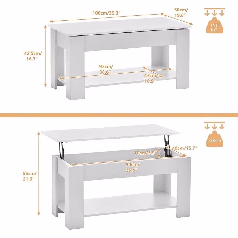 EONLION Modern White Rectangular Coffee Table with Lift Top Storage, Width: 100 cm – 2