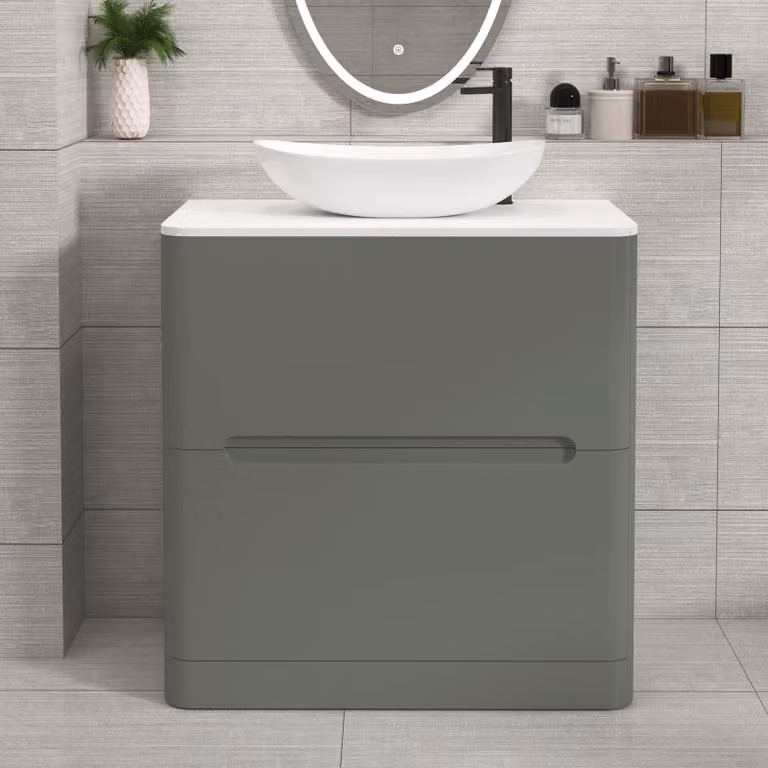 Royal Bathrooms Venice 800mm Sage Green Floor Standing Vanity Unit with 2 Drawers, Plain White Worktop and Cesar Basin