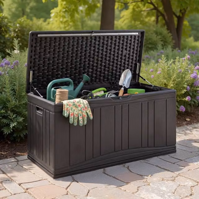 Costway 300 L Outdoor HDPE Patio Deck Storage Box with Lockable Lid in Brown