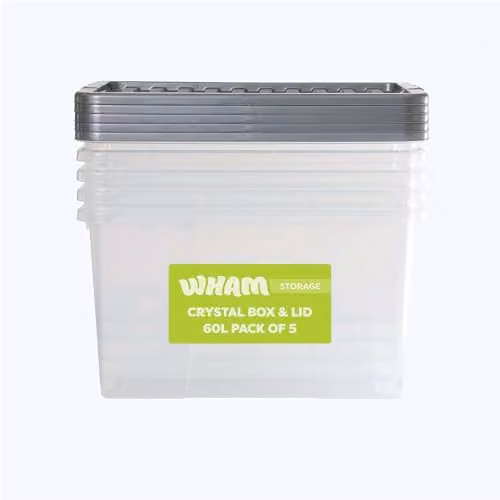 Wham Crystal 60L Stackable Plastic Storage Boxes with Silver Lids, Pack of 5, Transparent – 1
