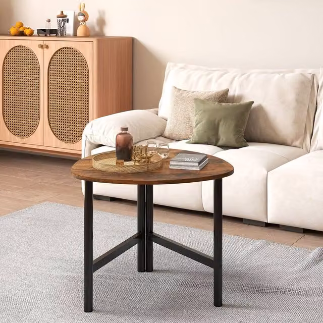 Costway Industrial Round Wooden Coffee Table and Sofa Side Table in Brown – 1