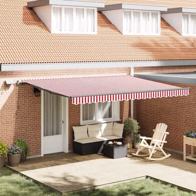 Berkfield Home Manual Retractable Wall-Mounted Folding Arm Awning with LED, Red and White Stripes, W: 450 cm, D: 300 cm