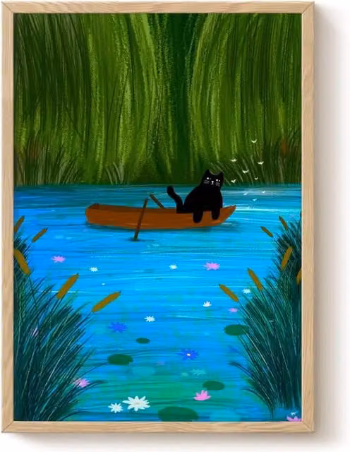 The Paper Tail Boat Life Black Cat Art Print, Multicolour, A4