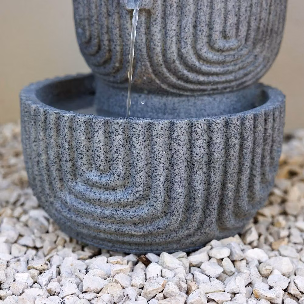 Primrose Lyne Grey Stacked Bowls Outdoor Patio Water Feature with LEDs and Cascade Effect, Height: 49.5 cm – 2