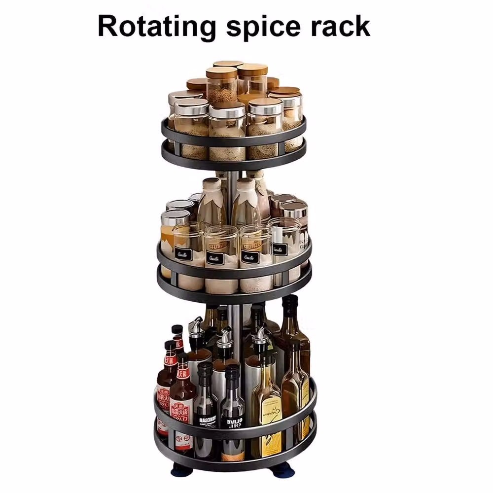 VOGREX 360 Rotating 3 Tier Metal Spice Rack Kitchen Organiser in Black – 3