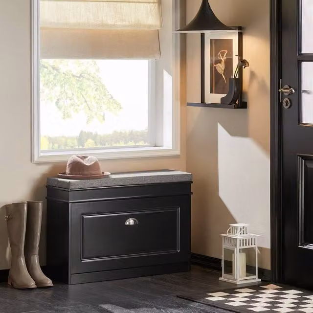 SoBuy Slim Black Rustic Entrance Bench with Shoe Rack and Upholstered Fabric Seat – 1