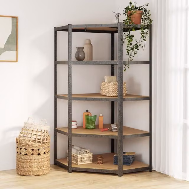 Berkfield Home 5-Layer Heavy-duty Corner Shelf in Grey Steel and Engineered Wood – 1