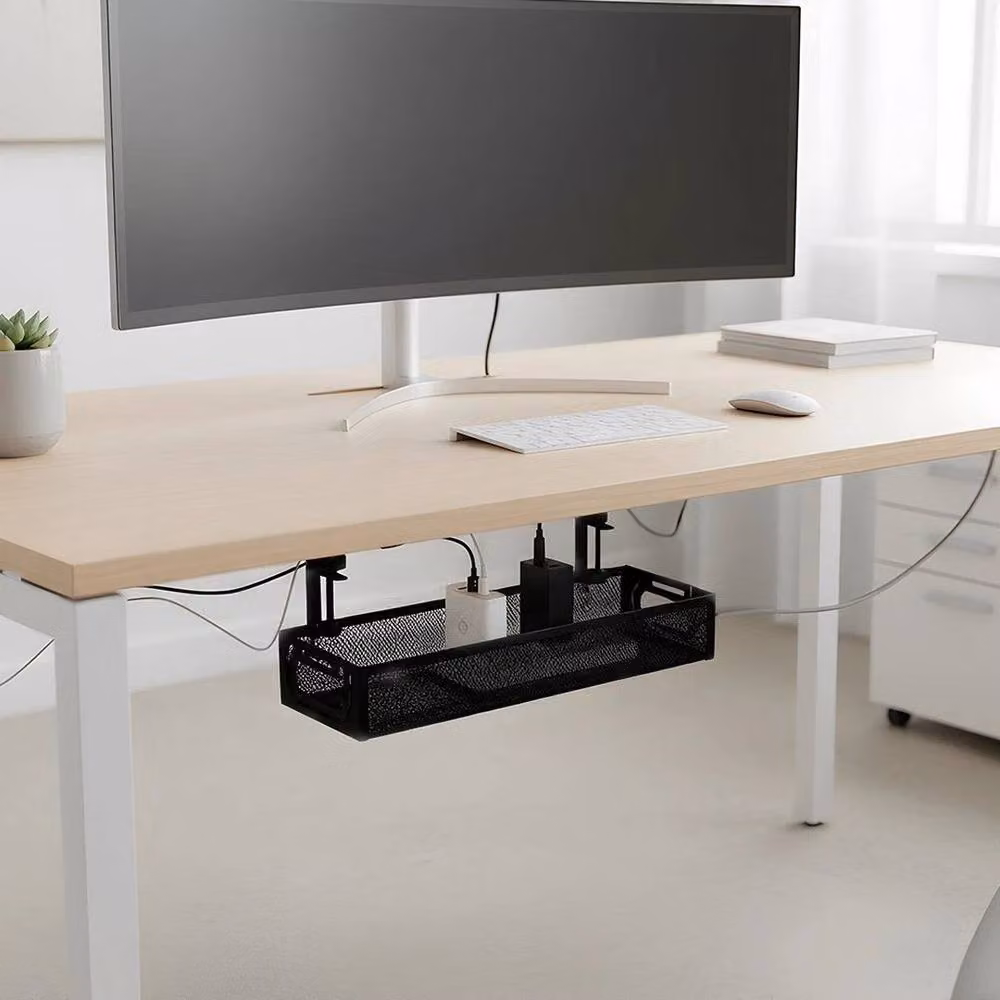 PAWNORA Black Metal Under Desk Cable Management Tray No-Drill – 4