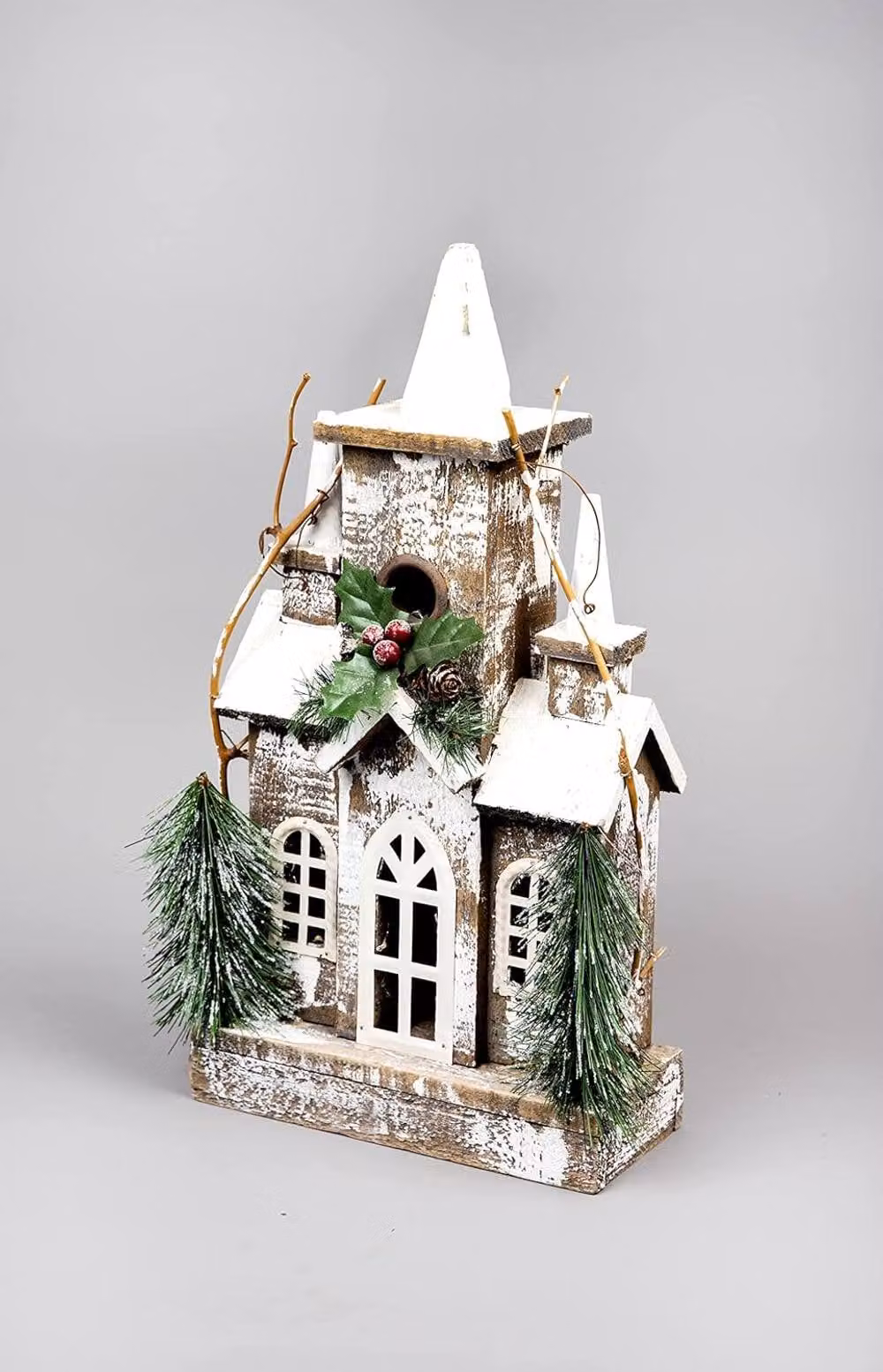 Shatchi Silver Wooden Christmas House Tabletop Decoration with Berries, Pines and Warm White Bulbs – 2