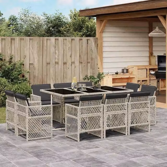 Berkfield Home 11 Piece Modern Garden Dining Set with Light Grey Poly Rattan and Glass Tabletop