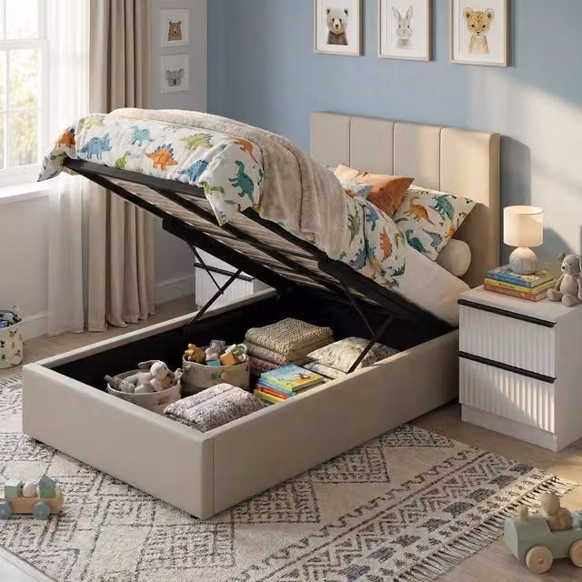 FWStyle Hoscar Single Ottoman Lift Up Bed with Underbed Storage in Beige