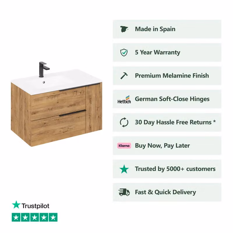 Banyetti Celtic Duo 800mm Wall Hung Vanity Unit with Door and Basin in Ostippo Light Oak – 2