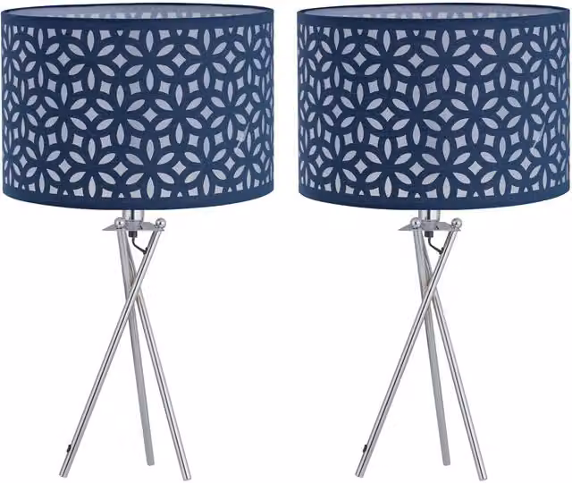 First Choice Lighting Set of 2 Chrome Tripod Table Lamps with Navy Blue Laser Cut Fabric Shades – 1
