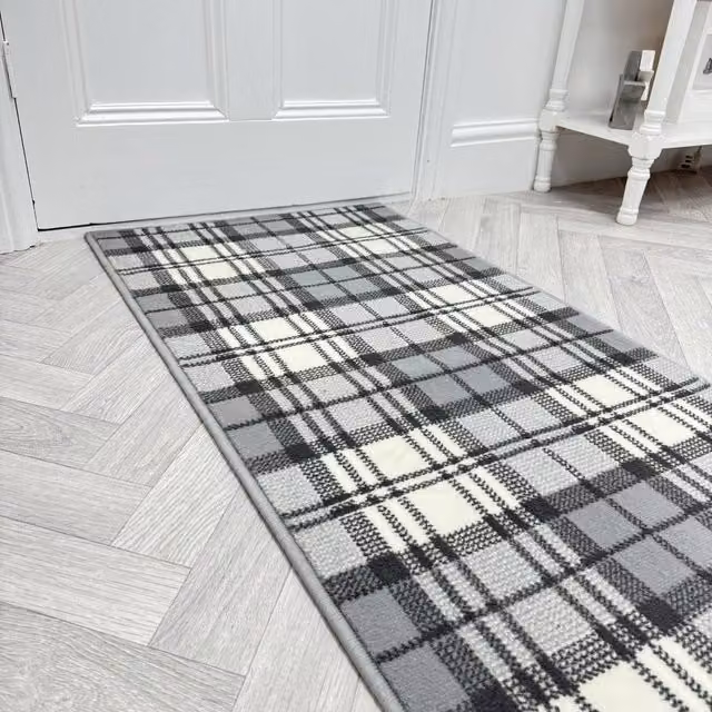 runrug Tartan Hallway Carpet Runner Rug in Grey, W: 60 cm, L: 150 cm