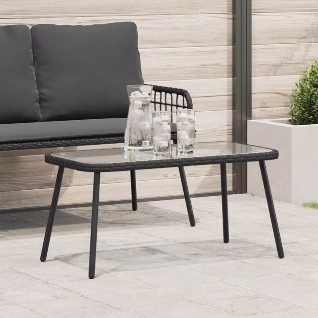 Berkfield Home Modern Black Poly Rattan Coffee Table with Glass Top, W/D/H: 90 x 45 x 43 cm