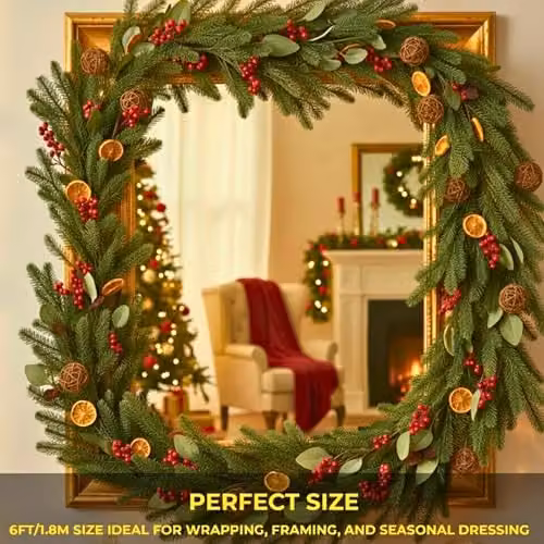 Shatchi 1.8m Rustic Christmas Garland with Eucalyptus Foliage, Orange and Berry Decorations in Red, Orange and Green – 2