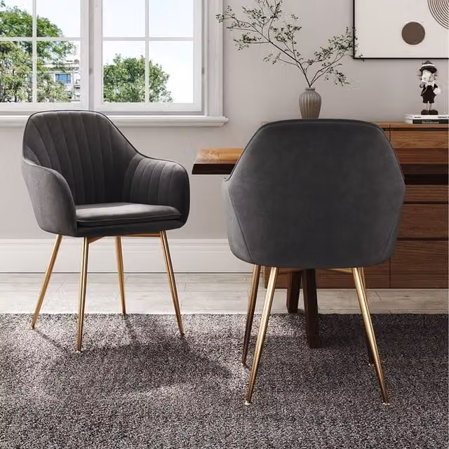 Livingandhome Set of 2 Modern Velvet Dining Chairs with Armrests and Gold Metal Legs, Grey