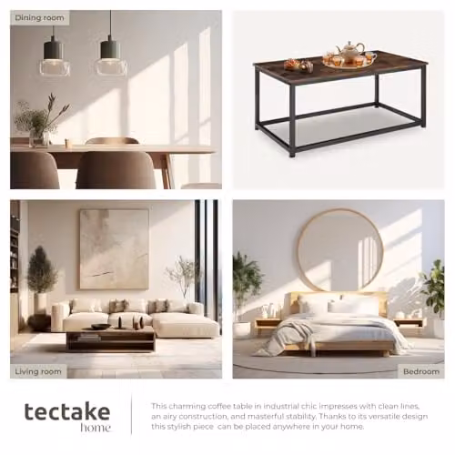 tectake Lynch Rectangular Coffee Table with Industrial Metal Frame and Height-Adjustable Feet in Dark Brown, W: 100 cm, D: 55 cm, H: 45.5 cm – 6