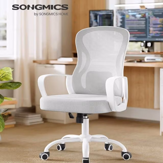 SONGMICS Ergonomic Mesh Office Chair with Flip-Up Armrests in Grey and White