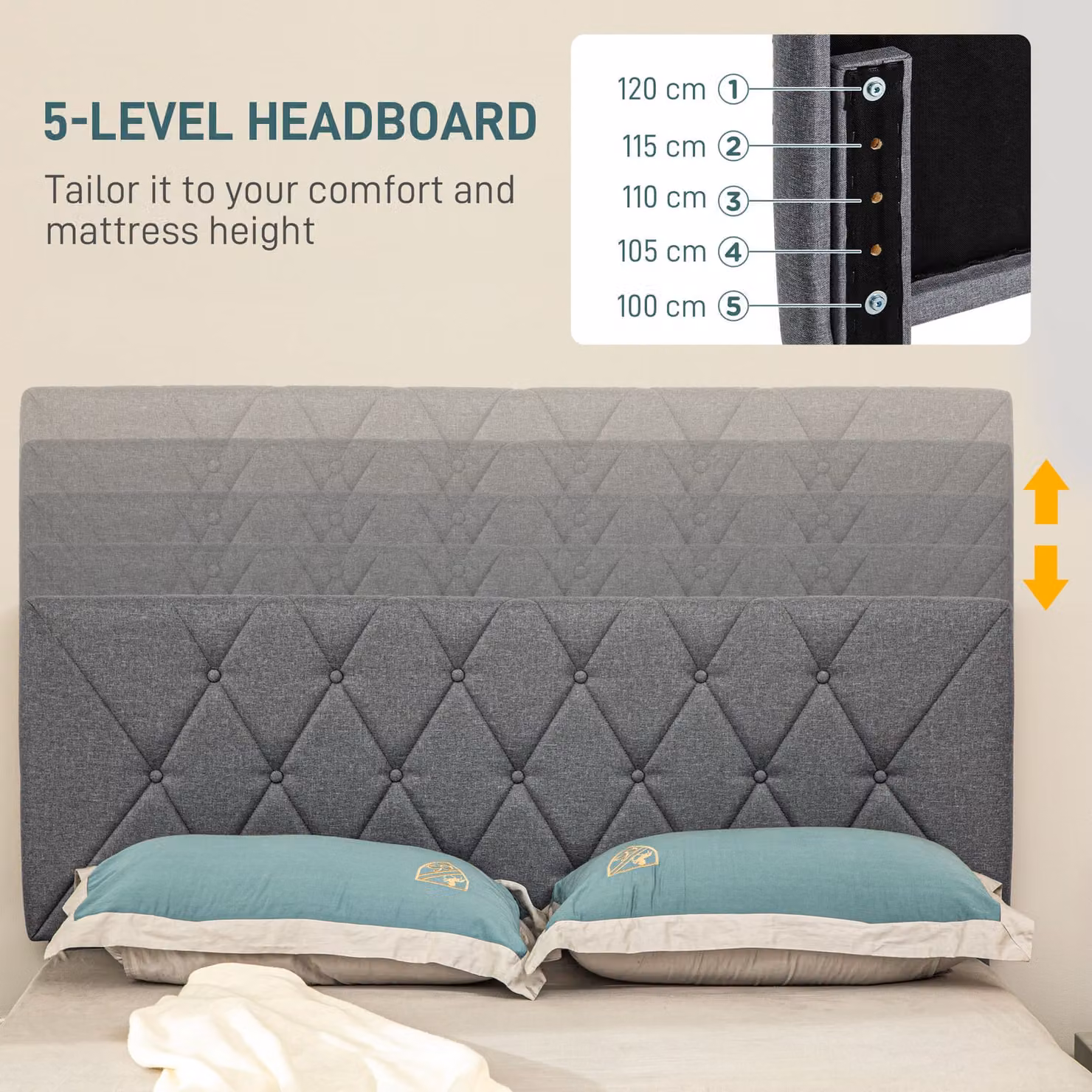 HOMCOM Grey Linen Upholstered Double Bed Frame with 5-Level Adjustable Headboard and Wooden Slats, W/D/H: 180 x 200 cm – 3