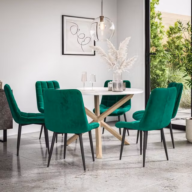 More4Homes Malvern Round Dining Table and 6 Nova Velvet Chairs Set, White Marble Top with Solid Oak Legs and Green Chairs, Diameter: 120 cm, Height: 75 cm