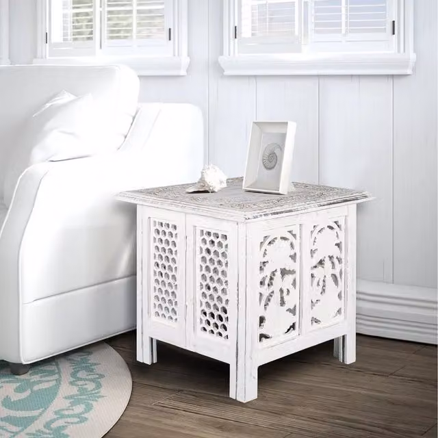 Topfurnishing Square Carved Mango Wood Coffee Table and Bedside End Table in White, W/D/H: 45 x 45 x 45 cm