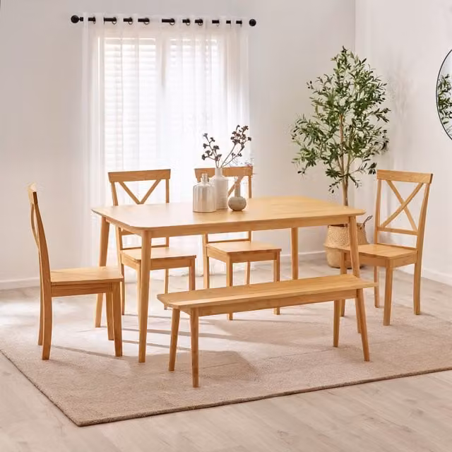 FurnitureboxUK Lynton Mid-Century Solid Wood Dining Set in Oak with 4 Chairs and 1 Bench