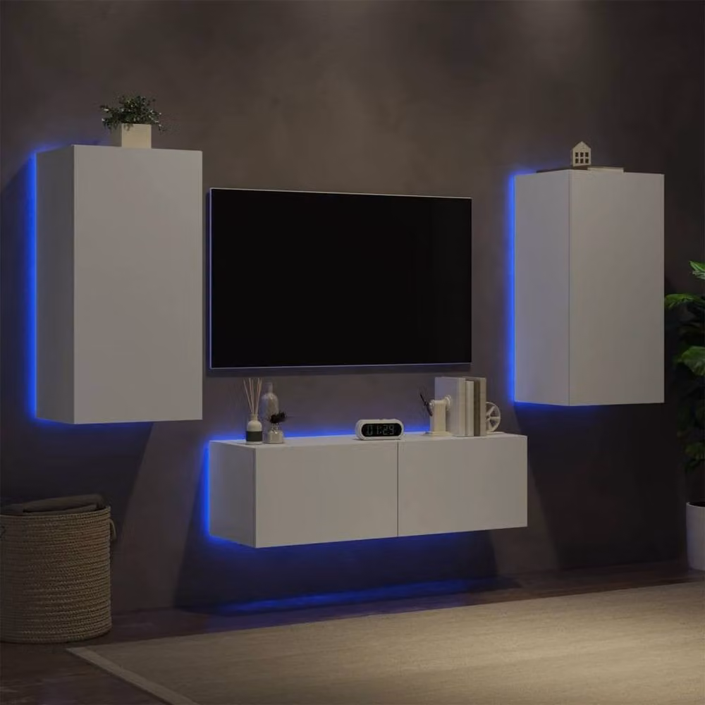 Berkfield Home 3 Piece Modern White Wall Mounted TV Cabinets with Integrated LED Lighting – 1