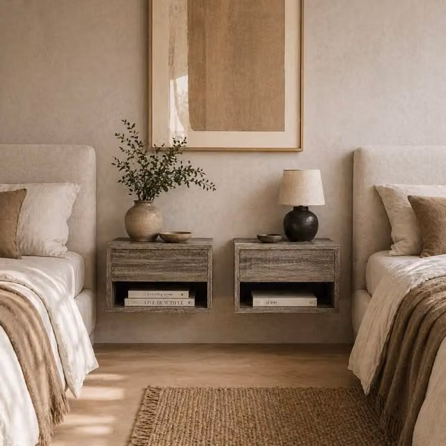 Wyld Haus Rosama Grey Wood Effect Wall Mounted Floating Bedside Tables Set of 2