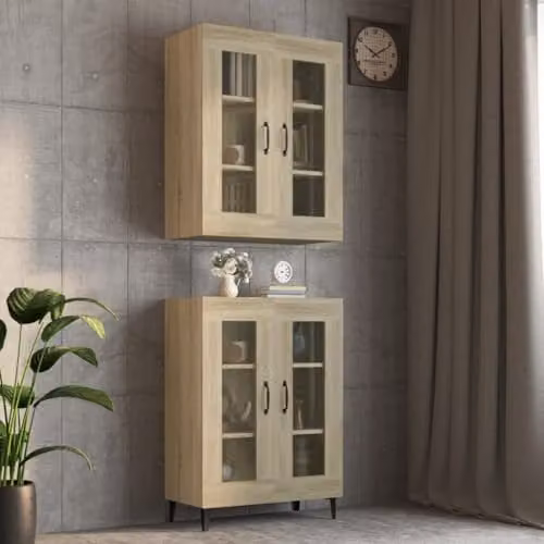vidaXL Hanging Wall Cabinet in Sonoma Oak with Glass Doors, W/D/H: 69.5 x 34 x 90 cm – 2