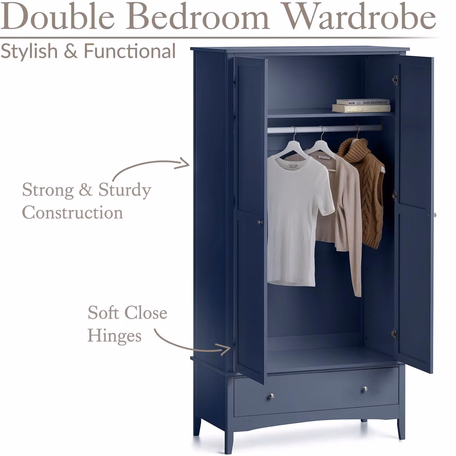 Christow Double Wardrobe with Drawer, 2 Door Blue Bedroom Storage Cupboard, H 185 x W 94.5 x D 50 cm – 2