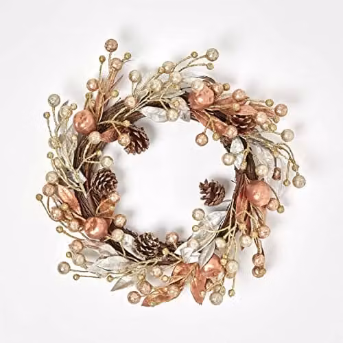 Homescapes Champagne and Gold Christmas Wreath with Pinecones, Berries and Apples, Diameter: 45 cm