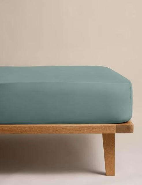 M&S Egyptian Cotton 230 Thread Count Crisp Fitted Sheet in Smokey Green, W/D/H: 180 x 200 cm