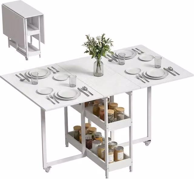FORGEVIO White Folding Drop Leaf Dining Table with Butterfly Leaf and Metal Legs