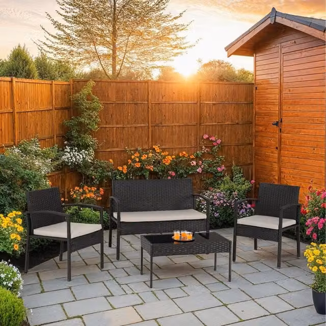 Seconique Modern 4 Piece Rattan Garden Set with Glass Top in Black and Grey