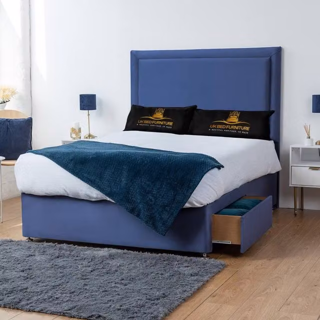 UK Bed Furniture Ascot Blue Fabric Upholstered Divan Bed with 4 Drawers, W/D/H: 140 x 200 x 66.04 cm