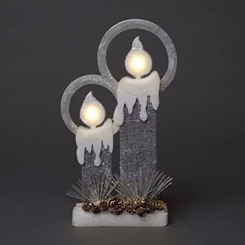 Shatchi Grey Pre-Lit Twin Christmas Pillar Candles with Glitter Foam Snow Finish, Height: 31 cm – 1