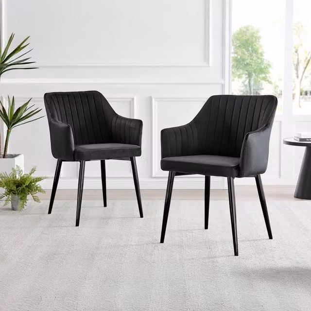 FurnitureboxUK Set of 2 Calla Deep Padded Dining Chairs in Black Velvet with Black Metal Legs – 1