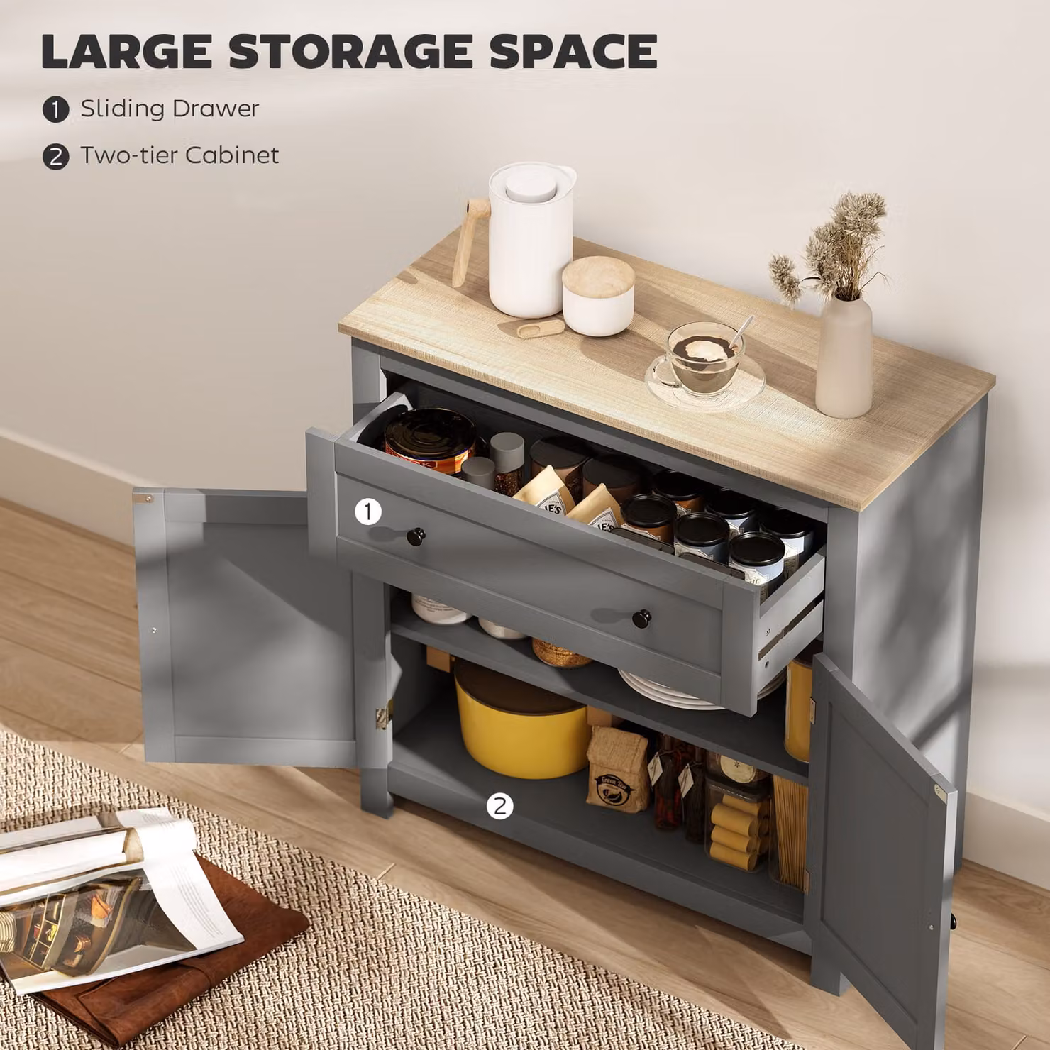 HOMCOM Modern Grey Sideboard Storage Cabinet with Adjustable Shelf, Drawer and Double Doors – 3