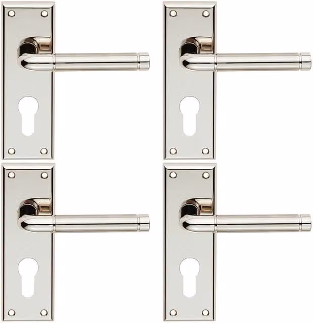 Loops 4x Pair Round Bar Lever on Euro Lock Backplate, Polished Satin Nickel, W: 150 mm, H: 50 mm