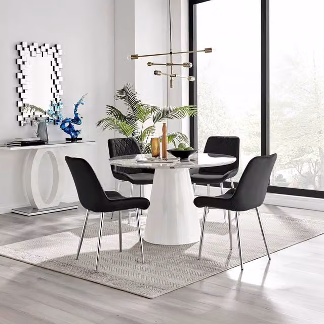 Furniturebox Palma White Marble Effect Round Dining Table and Pesaro Black Velvet Chairs with Silver Legs