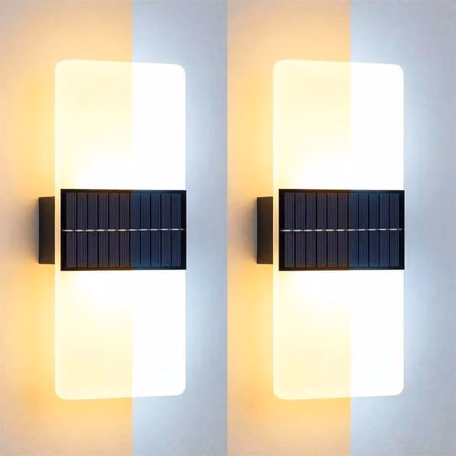 SPETLEK Set of 2 Modern Solar Powered LED Outdoor Wall Lights in Black with White Up and Down Lighting